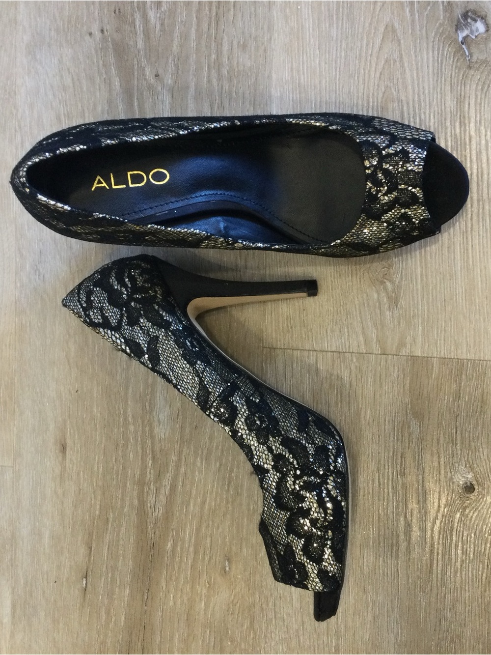ALDO Black and Gold Lace Peep-Toe High Heels